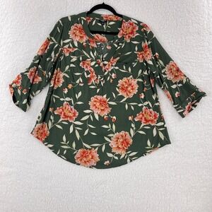 Torrid Olive Green Harper Floral Challis Pullover Shirt Womens 3/4 Sleeve Size M
